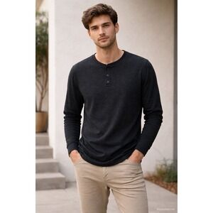 George Mens Thermal Henley Shirt Size L Black Casual Minimalist Long Sleeve‎